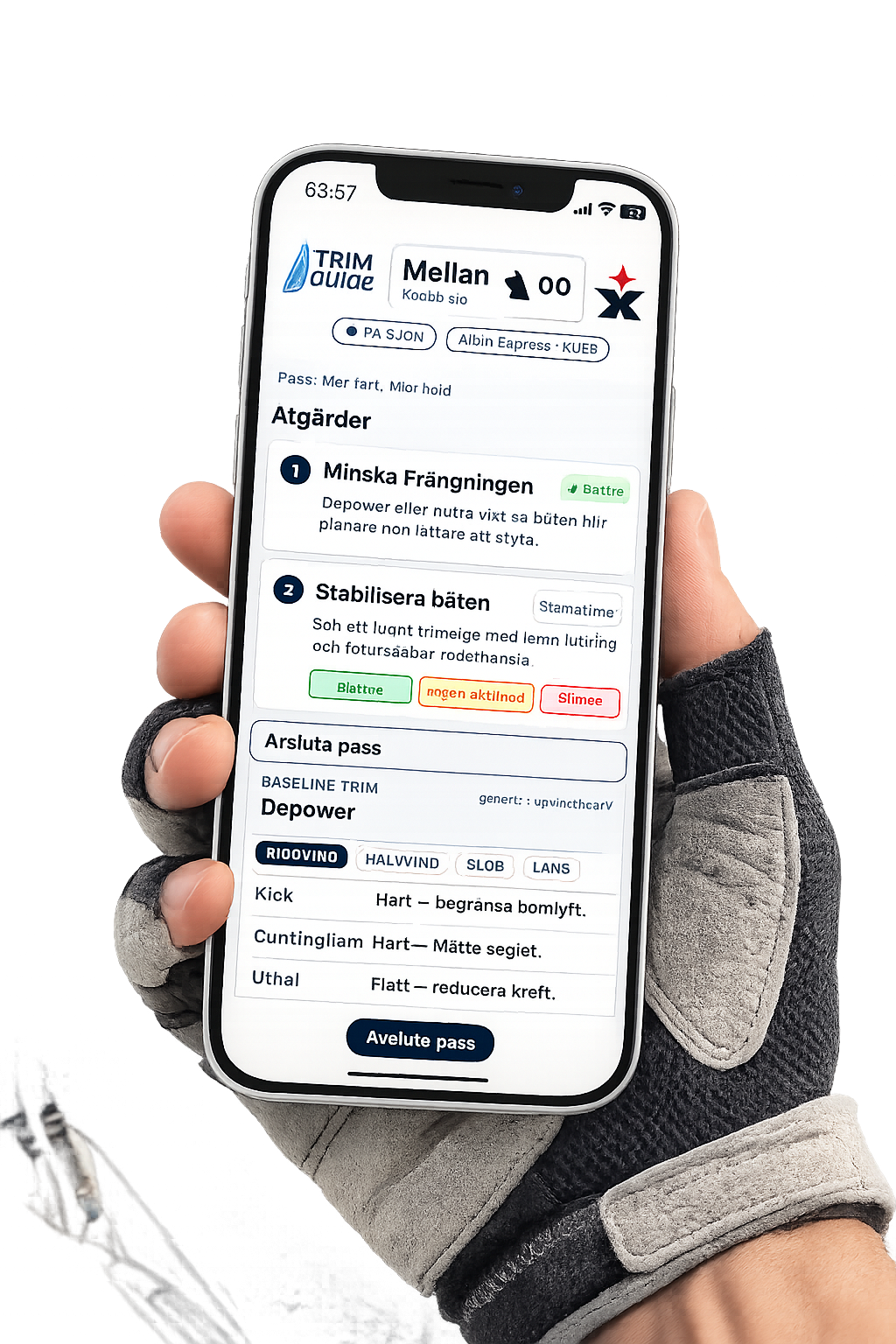 Trim Guide i mobil i en hand med seglarhandske